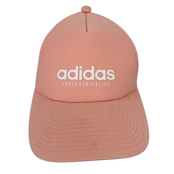 Adidas Snapback Baseball Cap Womens One Size Three Stripe Life Trucker Cap Peach - Picture 1 of 8